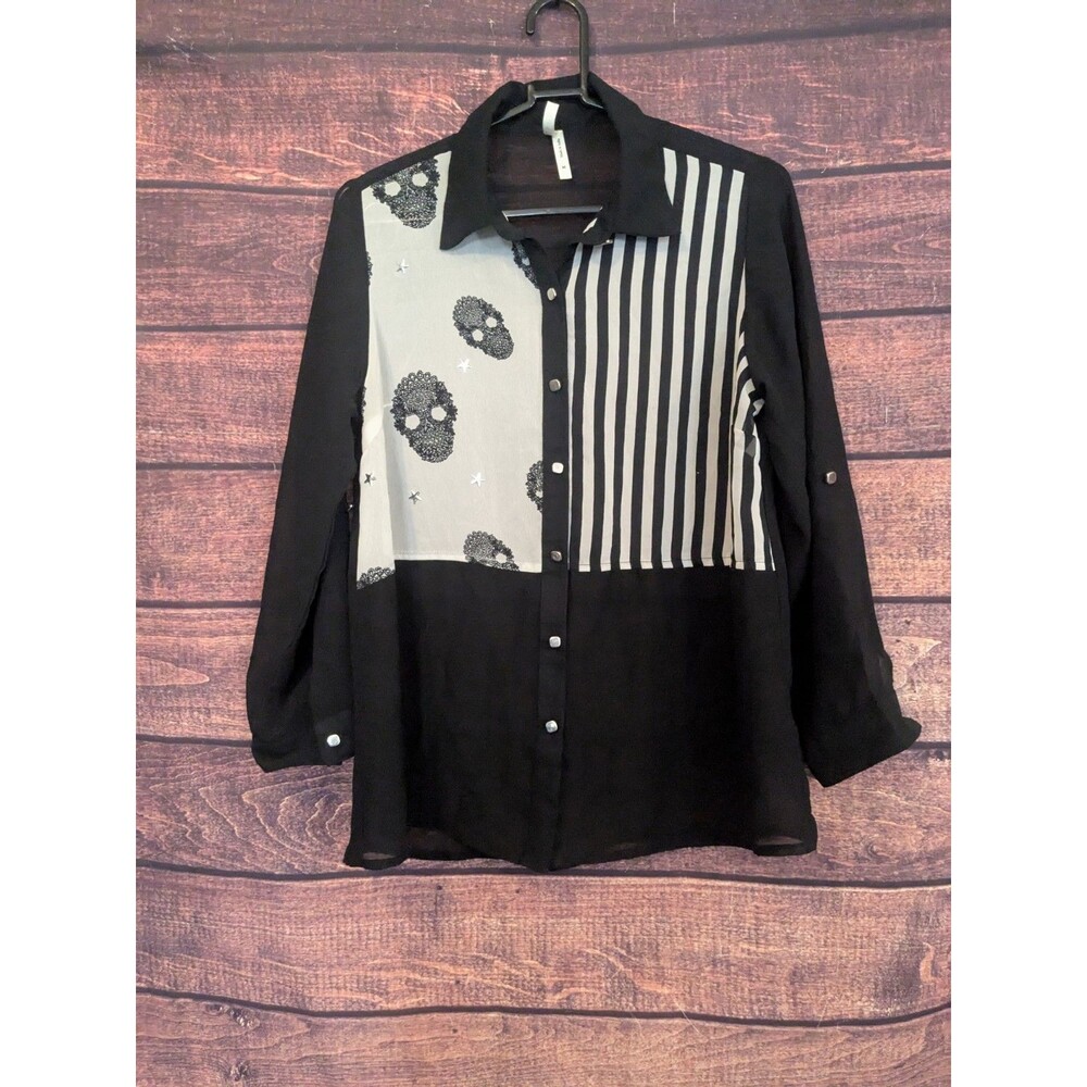 Live‎ 4 Truth Black White Sheer Blouse Skulls Stripes Square Buttons Size M - Picture 4 of 8